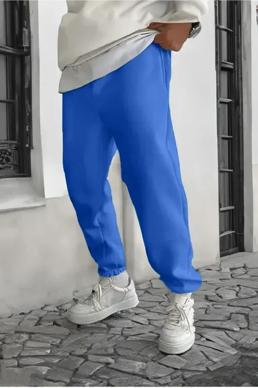 Smile Face Sax Blue Jogger Slim Sweatpants - Elastic Hem Printed Comfortable Style with Leg Print Detail - Sax Blue - 2