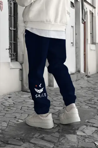 Smile Face To‘q ko‘k Jogger Yengil sport shim - Shimning etagida bosma detallari Elastik etagi Bosma naqshli Qulay uslub - To‘q ko‘k - DUBU BUTİK (1)