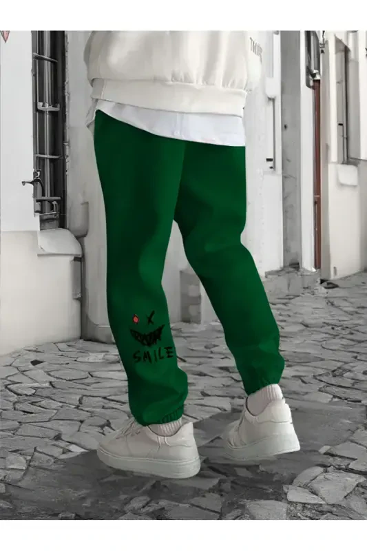 Smile Face Yeşil Jogger Ince Eşofman Altı-Yeşil - DUBU BUTİK