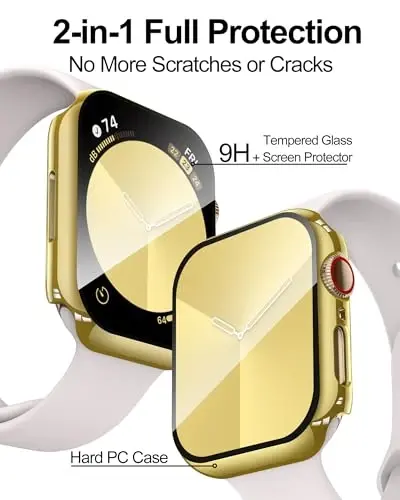 Smiling 2 Pack Case Apple Watch Series 9/8/7 41mm bilan mos keladi, закалённым stikli ekran himoyachisi bilan, qattiq PC Case umumiy himoya qopqog'i - 1 oltin + 1 shaffof - 2