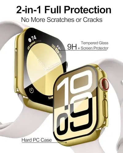 Smiling 2 Pack Case Apple Watch Series 9/8/7 41mm bilan mos keladi, закалённым stikli ekran himoyachisi bilan, qattiq PC Case umumiy himoya qopqog'i - 1 oltin + 1 shaffof - 2