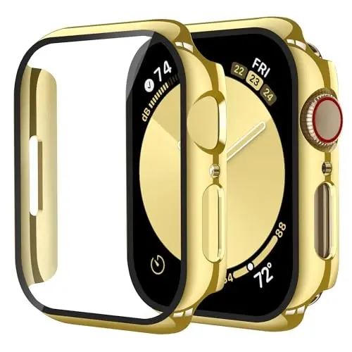 Smiling 2 Pack Case Apple Watch Series 9/8/7 45mm bilan mos keladi, закалённое ekran himoyasi, qattiq kompyuter qopqog'i himoya qoplamasi - 1 oltin + 1 shaffof - 1