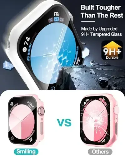 Smiling 2 Pack Case Apple Watch Series 9/8/7 45mm bilan mos keladi, закалённое стекло экран ҳимоячиси билан, Hard PC Case Umumiy himoya qopqog'i - 1 Sand Pink + 1 White - 3