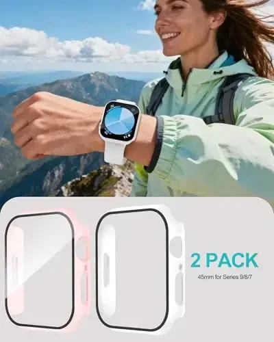 Smiling 2 Pack Case Apple Watch Series 9/8/7 45mm bilan mos keladi, закалённое стекло экран ҳимоячиси билан, Hard PC Case Umumiy himoya qopqog'i - 1 Sand Pink + 1 White - 6