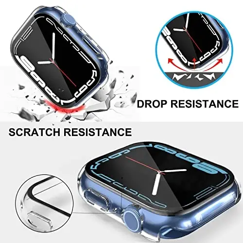 Smiling 2 Pack Case Built in Tempered Glass Screen Protector Apple Watch Series 9/Series 8/Seires 7 45mm bilan mos keladi, Qattiq PC Case Umumiy himoya qopqog'i - Shaffof - 4