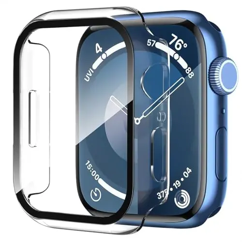Smiling 2 Pack Case Built in Tempered Glass Screen Protector Apple Watch Series 9/Series 8/Seires 7 45mm bilan mos keladi, Qattiq PC Case Umumiy himoya qopqog'i - Shaffof 