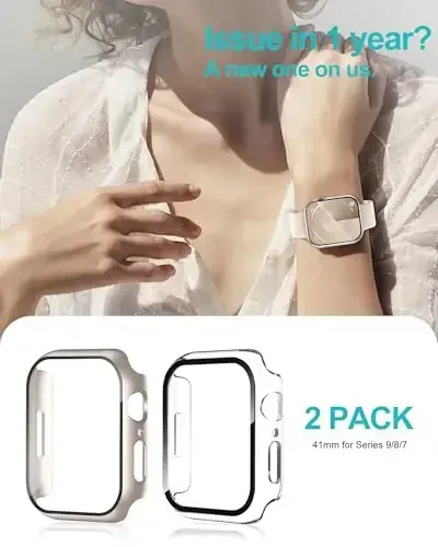 Smiling 2 Pack Case Built in Tempered Glass Screen Protector Compatible with Apple Watch Series 9/8/7 41mm, Hard PC Case Overall Protective Cover - 1 Starlight + 1 Transparent - 6