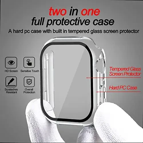 Smiling 2 Pack Case Built in Tempered Glass Screen Protector Compatible with Apple Watch Series 9/Series 8/Seires 7 45mm, Hard PC Case Overall Protective Cover- Transparent - 2