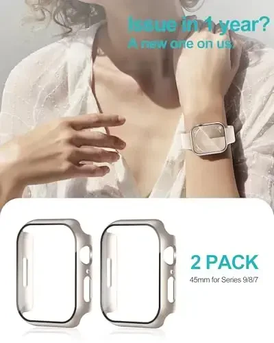 Smiling 2 Pack Case Built in Tempered Glass Screen Protector Compatible with Apple Watch Series 9/Series 8/Series 7 45mm, Hard PC Case Overall Protective Cover- Starlight - 6
