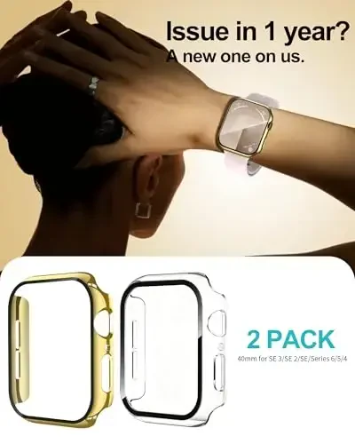 Smiling 2 Pack Case Compatible with Apple Watch SE 3 (2025)/ SE 2/ SE/Series 6/5/4 40mm with Tempered Glass Screen Protector, Hard PC Case- 1 Gold + 1 Transparent - 6
