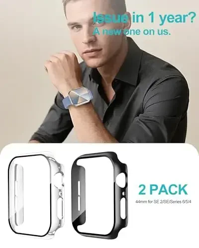 Smiling 2 Pack Case Compatible with Apple Watch SE 3 (2025)/ SE 2/ SE/Series 6/5/4 40mm with Tempered Glass Screen Protector, Hard PC Case Overall Protective Cover- 1 Black + 1 Silver - 6