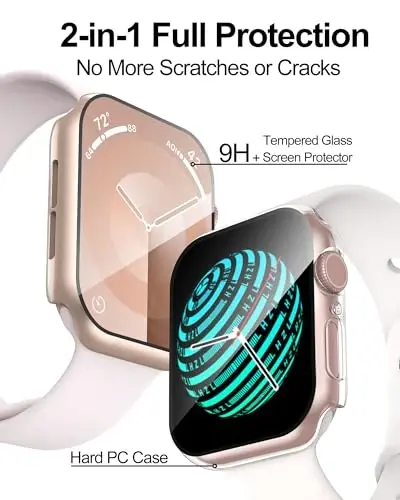 Smiling 2 Pack Case Compatible with Apple Watch Series 9/8/7 41mm with Tempered Glass Screen Protector, Hard PC Case Overall Protective Cover- 1 Rose Gold + 1 Transparent - 2