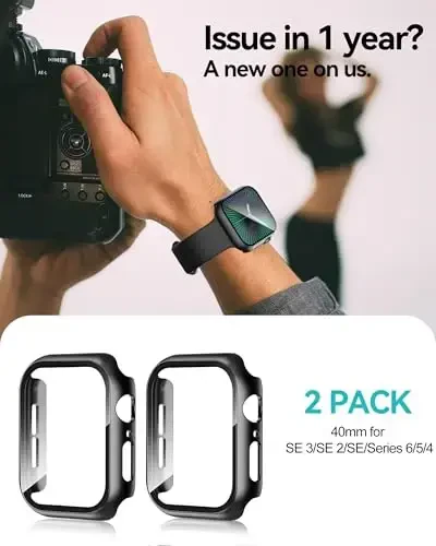 Smiling 2 Pack Case Compatible with Apple Watch SE 3 (2025)/ SE 2/ SE/Series 6/5/4 40mm with Tempered Glass Screen Protector, Hard PC Case Overall Protective Cover- Black - 6