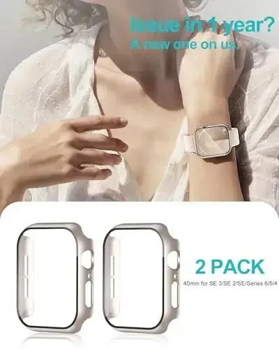Smiling 2 Pack Case Compatible with Apple Watch SE 3 (2025)/ SE 2/ SE/Series 6/5/4 40mm with Tempered Glass Screen Protector, Hard PC Case Overall Protective Cover- Starlight - 6