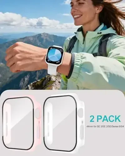 Smiling 2 Pack Case Compatible with Apple Watch SE 3 (2025)/ SE 2/ SE/Series 6/5/4 44mm with Tempered Glass Screen Protector, Hard PC Case Overall Protective Cover- 1 Sand Pink + 1 White - 6