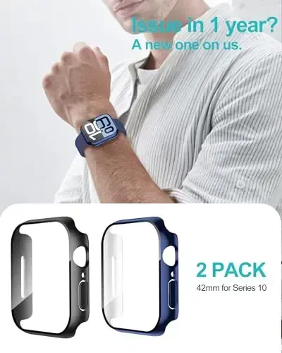 Smiling 2 Pack Case Compatible with Apple Watch Series 11 (2025)/ Series 10 42mm with Tempered Glass Screen Protector, Hard PC Case Scratch-Resistant Overall Protective Cover- 1 Black + 1 Blue - 6