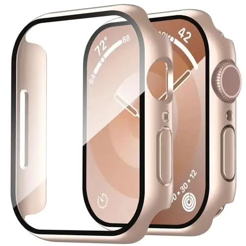 Smiling 2 Pack Case Compatible with Apple Watch Series 11 (2025)/ Series 10 46mm with Tempered Glass Screen Protector, Hard PC Case Overall Protective Cover- 1 Rose Gold + 1 Transparent 