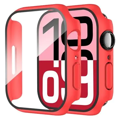 Smiling 2 Pack Case Compatible with Apple Watch Series 11 (2025)/10 46mm with Tempered Glass Screen Protector, Hard PC Case Overall Protective Cover- 1 Red + 1 Transparent 