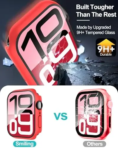 Smiling 2 Pack Case Compatible with Apple Watch Series 11 (2025)/10 46mm with Tempered Glass Screen Protector, Hard PC Case Overall Protective Cover- 1 Red + 1 Transparent - 4