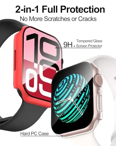 Smiling 2 Pack Case Compatible with Apple Watch Series 11 (2025)/10 46mm with Tempered Glass Screen Protector, Hard PC Case Overall Protective Cover- 1 Red + 1 Transparent - 2