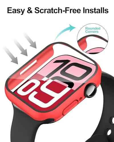 Smiling 2 Pack Case Compatible with Apple Watch Series 11 (2025)/Series 10 42mm with Tempered Glass Screen Protector, Hard PC Case Overall Protective Cover- 1 Red + 1 Transparent - 4