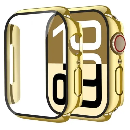 Smiling 2 Pack Case Compatible with Apple Watch Series 11 (2025)/Series 10 42mm with Tempered Glass Screen Protector, Hard PC Case Scratch-Resistant Overall Protective Cove -1 Gold + 1 Transparent - 1