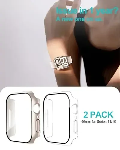 Smiling 2 Pack Case Compatible with Apple Watch Series 11 (2025)/Series 10 46mm with Tempered Glass Screen Protector, Hard PC Case Scratch-Resistant Overall Protective Cover- 1 Starlight + 1 Transparent - 6
