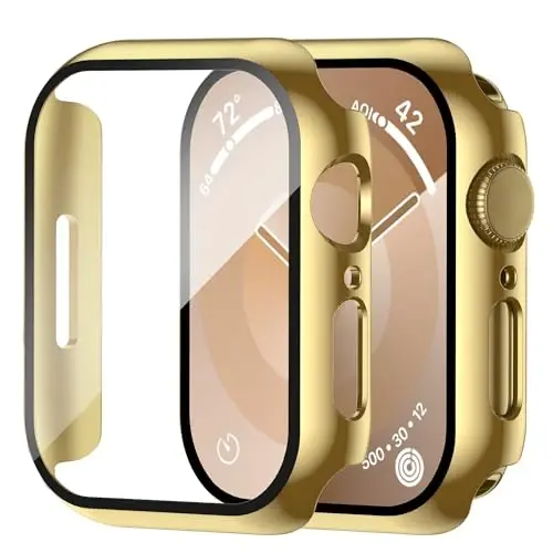 Smiling 2 Pack Case Compatible with Apple Watch Series 9/8/ 7 45mm Built in Tempered Glass Screen Protector, Hard PC Case Overall Protective Cover- Gold - 1