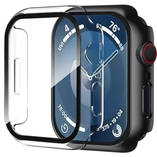 Smiling 2 Pack Case Compatible with Apple Watch Series 9/8/7 41mm with Tempered Glass Screen Protector, Hard PC Case Overall Protective Cover- 1 Black + 1 Transparent 