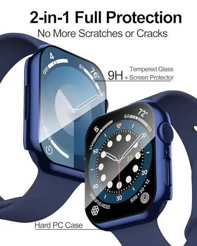 Smiling 2 Pack Case Compatible with Apple Watch Series 9/8/7 41mm with Tempered Glass Screen Protector, Hard PC Case Overall Protective Cover- 1 Blue + 1 Black - 2