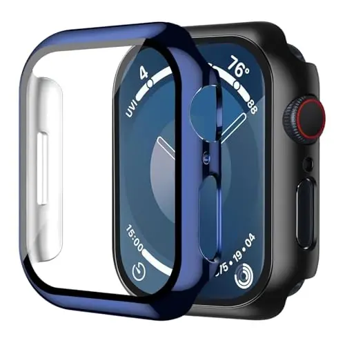 Smiling 2 Pack Case Compatible with Apple Watch Series 9/8/7 41mm with Tempered Glass Screen Protector, Hard PC Case Overall Protective Cover- 1 Blue + 1 Black 