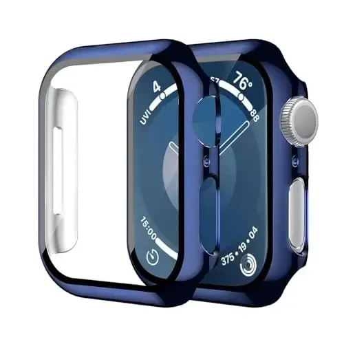 Smiling 2 Pack Case Compatible with Apple Watch Series 9/8/7 41mm with Tempered Glass Screen Protector, Hard PC Case Overall Protective Cover- 1 Blue + 1 Transparent - SMILING