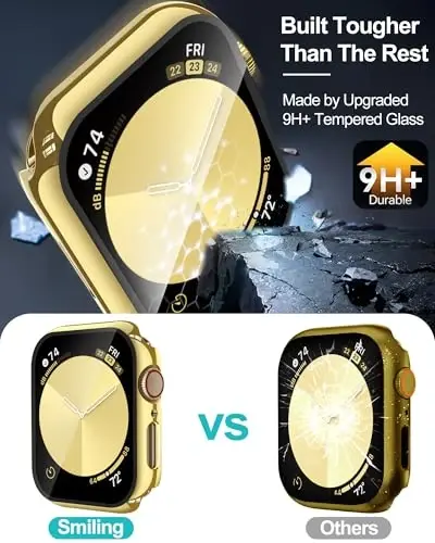 Smiling 2 Pack Case Compatible with Apple Watch Series 9/8/7 41mm with Tempered Glass Screen Protector, Hard PC Case Overall Protective Cover- 1 Gold + 1 Transparent - 3