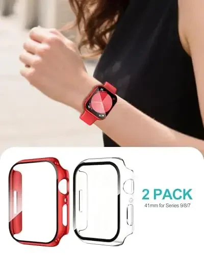 Smiling 2 Pack Case Compatible with Apple Watch Series 9/8/7 41mm with Tempered Glass Screen Protector, Hard PC Case Overall Protective Cover- 1 Red + 1 Transparent - 6