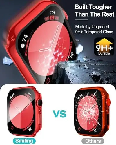Smiling 2 Pack Case Compatible with Apple Watch Series 9/8/7 41mm with Tempered Glass Screen Protector, Hard PC Case Overall Protective Cover- 1 Red + 1 Transparent - 3