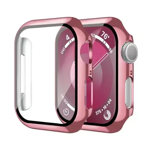 Smiling 2 Pack Case Compatible with Apple Watch Series 9/8/7 41mm with Tempered Glass Screen Protector, Hard PC Case Overall Protective Cover- 1 Rose Pink + 1 Transparent 