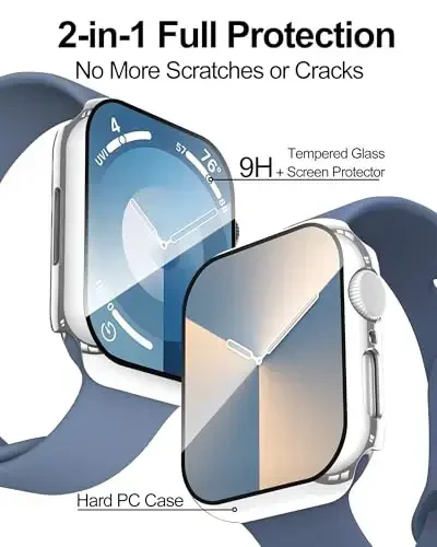 Smiling 2 Pack Case Compatible with Apple Watch Series 9/8/7 41mm with Tempered Glass Screen Protector, Hard PC Case Overall Protective Cover- 1 Silver + 1 Transparent - SMILING (1)