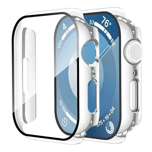 Smiling 2 Pack Case Compatible with Apple Watch Series 9/8/7 41mm with Tempered Glass Screen Protector, Hard PC Case Overall Protective Cover- 1 Silver + 1 Transparent 