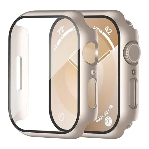 Smiling 2 Pack Case Compatible with Apple Watch Series 9/8/7 41mm with Tempered Glass Screen Protector, Hard PC Case Overall Protective Cover- Starlight 