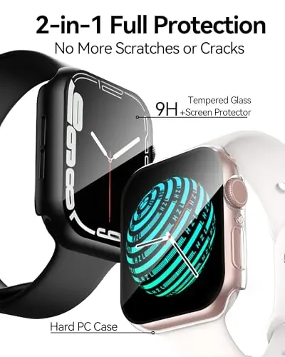 Smiling 2 Pack Case Compatible with Apple Watch Series 9/8/7 45mm with Tempered Glass Screen Protector, Hard PC Case Overall Protective Cover- 1 Black + 1 Transparent - SMILING (1)