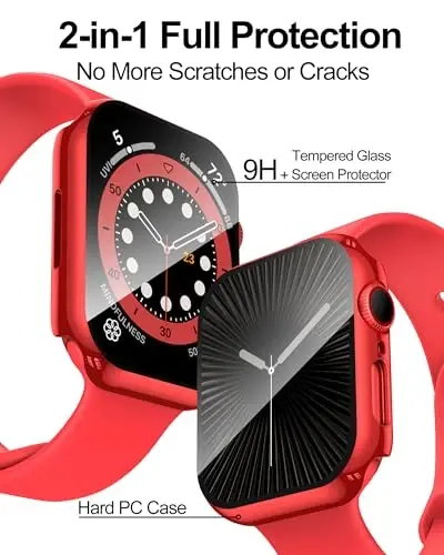 Smiling 2 Pack Case Compatible with Apple Watch Series 9/8/7 45mm with Tempered Glass Screen Protector, Hard PC Case Overall Protective Cover- 1 Red + 1 Transparent - 3