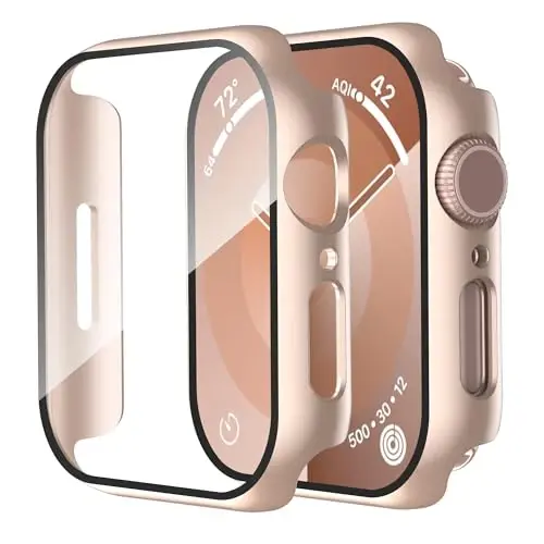 Smiling 2 Pack Case Compatible with Apple Watch Series 9/8/7 45mm with Tempered Glass Screen Protector, Hard PC Case Overall Protective Cover- 1 Rose Gold + 1 Transparent 
