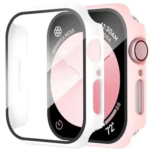 Smiling 2 Pack Case Compatible with Apple Watch Series 9/8/7 45mm with Tempered Glass Screen Protector, Hard PC Case Overall Protective Cover- 1 Sand Pink + 1 White 