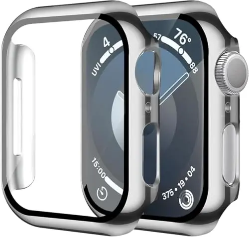 Smiling 2 Pack Case Compatible with Apple Watch Series 9/8/7 45mm with Tempered Glass Screen Protector, Hard PC Case Overall Protective Cover- 1 Silver + 1 Transparent 