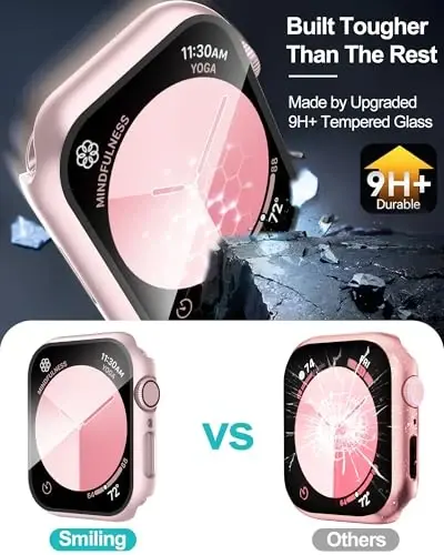 Smiling 2 Pack Case Compatible with Apple Watch Series 9/Series 8 /Series 7 41mm with Tempered Glass Screen Protector, Hard PC Case Overall Protective Cover- 1 Pink + 1 Transparent - 3