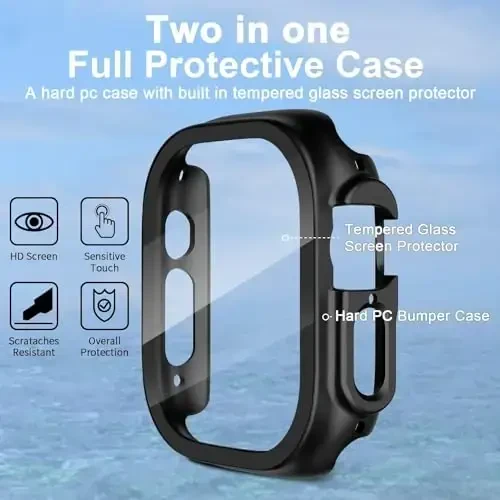 Smiling 2 Pack Case Compatible with Apple Watch Ultra 3(2025)/ Ultra 2 /Ultra 49mm with Tempered Glass Screen Protector, Hard PC Case Scratch-Resistant Overall Protective Cover - Black - 2