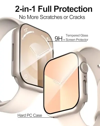 Smiling 2 Pack Case Ichiga o'rnatilgan Tempered Glass Screen Protector Apple Watch Series 9/Series 8/Series 7 45mm bilan mos keladi, Qattiq PC Case Umumiy himoya qopqog'i - 1 Starlight + 1 Shaffof - 2