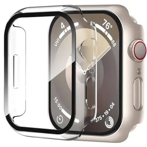 Smiling 2 Pack Case Ichiga o'rnatilgan Tempered Glass Screen Protector Apple Watch Series 9/Series 8/Series 7 45mm bilan mos keladi, Qattiq PC Case Umumiy himoya qopqog'i - 1 Starlight + 1 Shaffof 