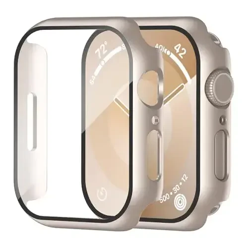 Smiling 2 Pack Case Встроенная Защитная Пленка из Закаленного Стекла Совместима с Apple Watch Series 9/Series 8/Series 7 45 мм, Жесткий ПК Чехол Общая Защитная Крышка - Starlight - 1