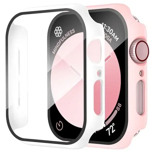 Smiling 2 Pack Compatible with Apple Watch SE 3 (2025)/ SE 2/ SE/Series 6/5/4 40mm with Tempered Glass Screen Protector, Hard PC Case- 1 SandPink + 1 White - SMILING